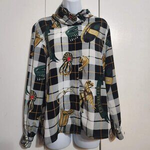 Vintage JORDAN Equestrian Blouse Top Size 8 Horse Saddle Plaid Mock Neck 90s